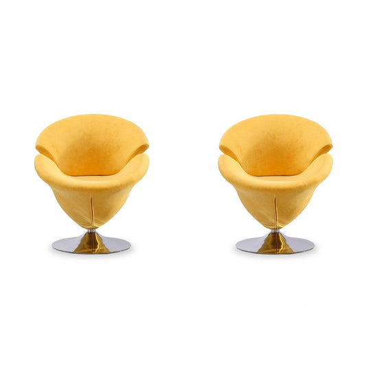 Manhattan Comfort Tulip Yellow & Polished Chrome Velvet Swivel Accent Chairs In A Set Of 2