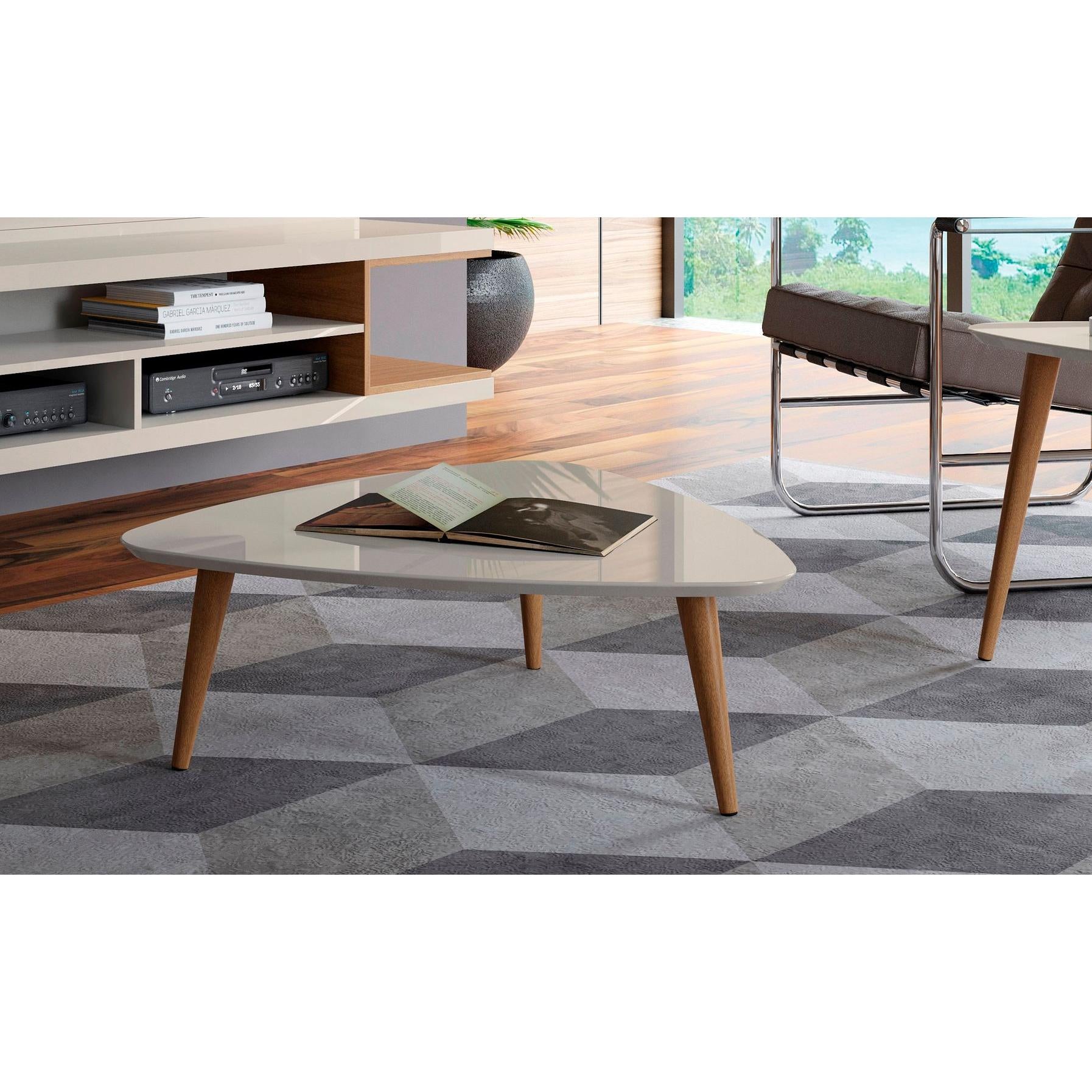 Manhattan Comfort Utopia 18" High Triangle Coffee Table With Splayed Legs In Off White & Maple Cream