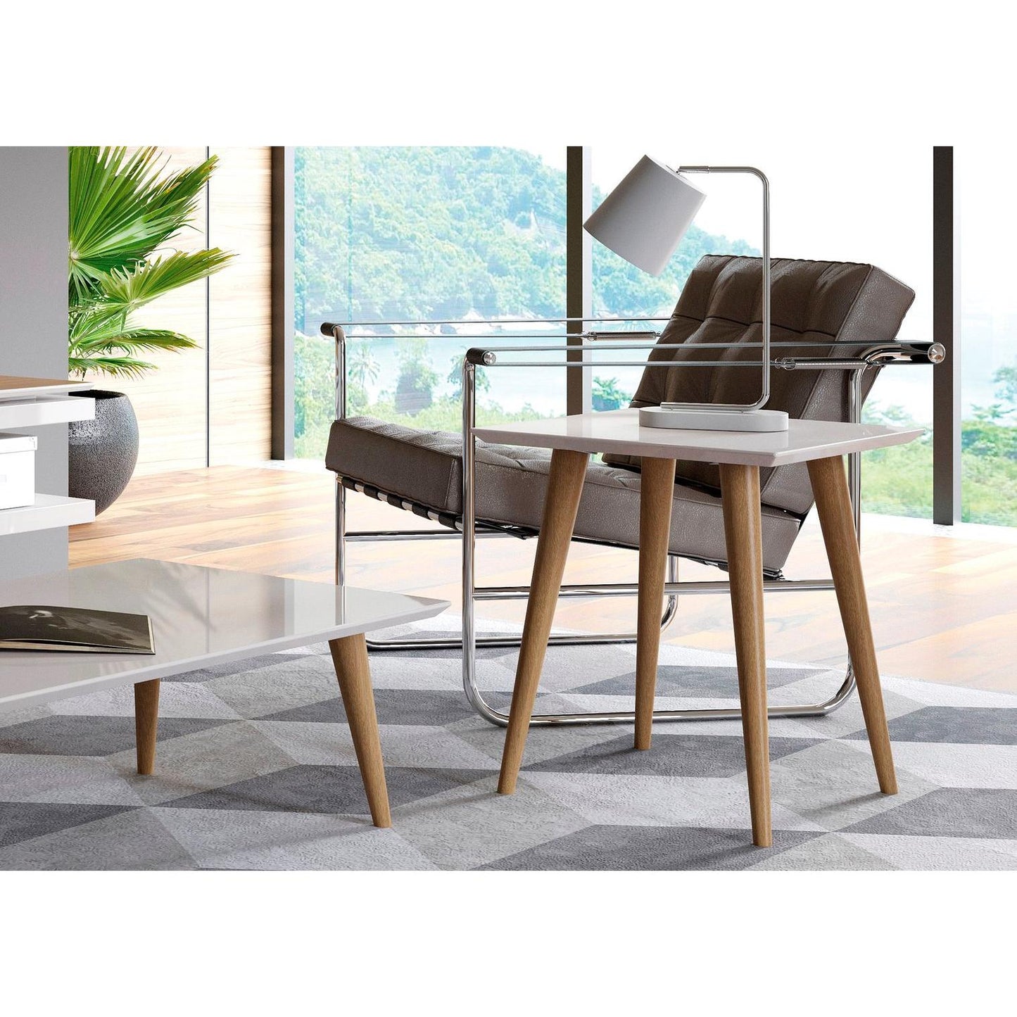 Manhattan Comfort Utopia 20" High Square End Table With Splayed Wooden Legs In Off White & Maple Cream