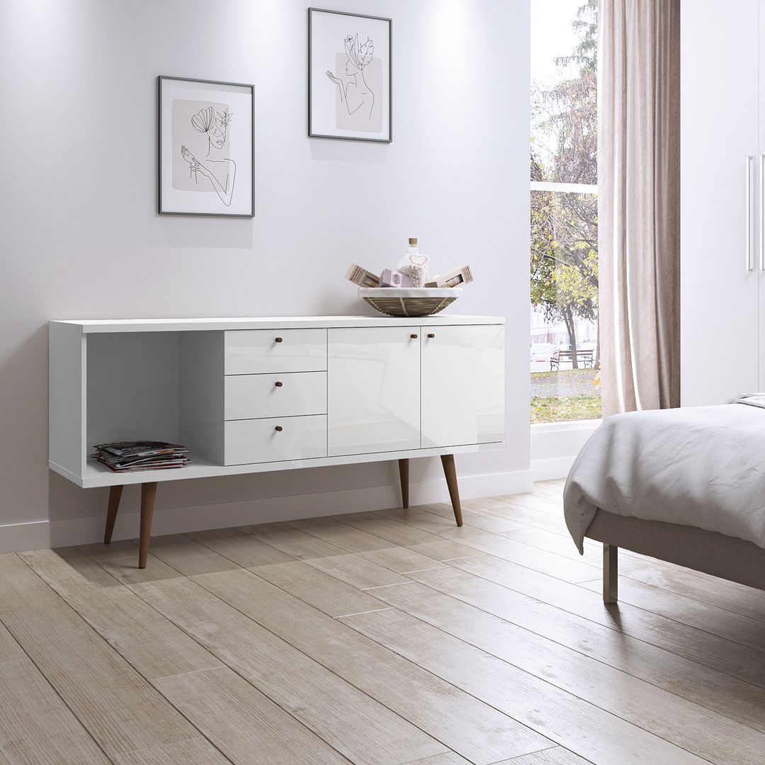 Manhattan Comfort Utopia Wide Dresser Cabinet In White Gloss & Maple Cream