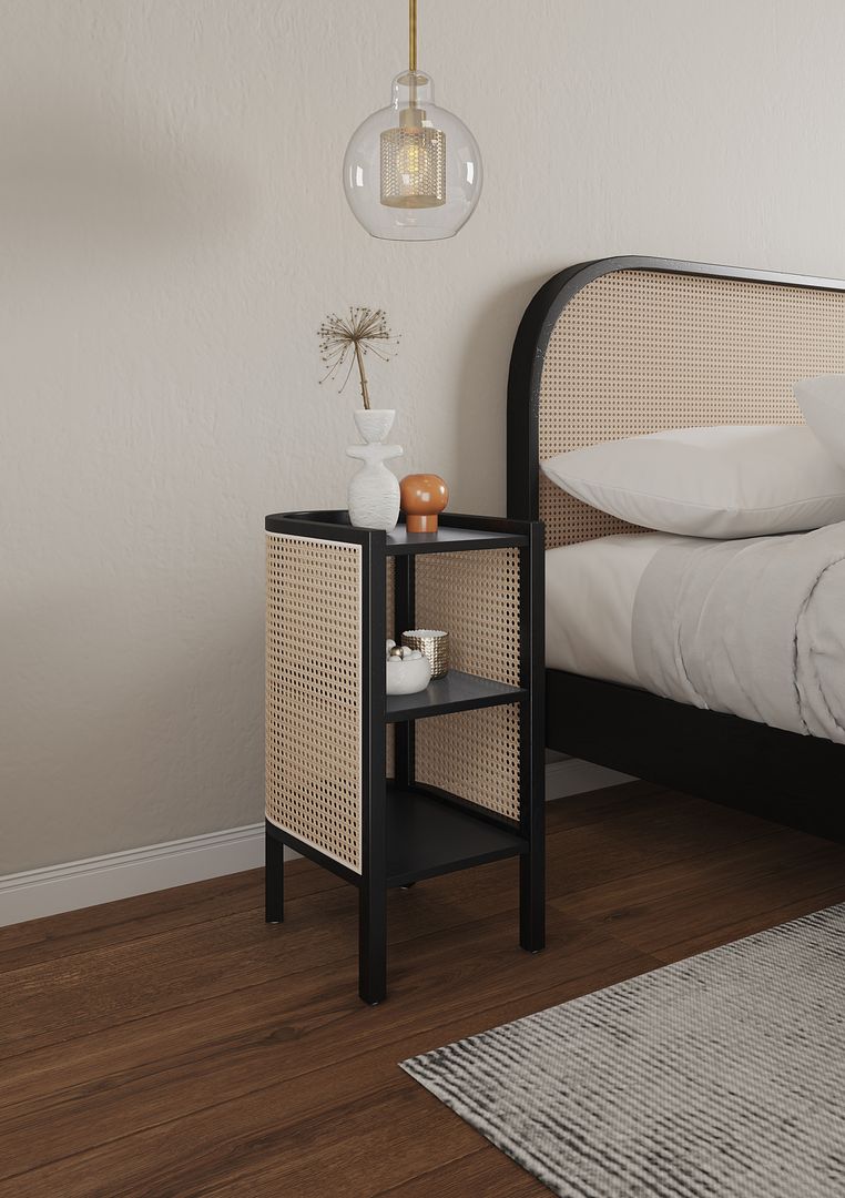 Manhattan Comfort Versailles 2-Piece Black & Natural Cane End Table