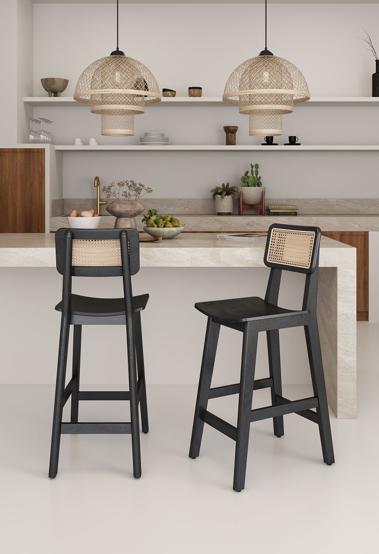 Manhattan Comfort Versailles Black Natural Cane Counter Stool In A Set Of 2