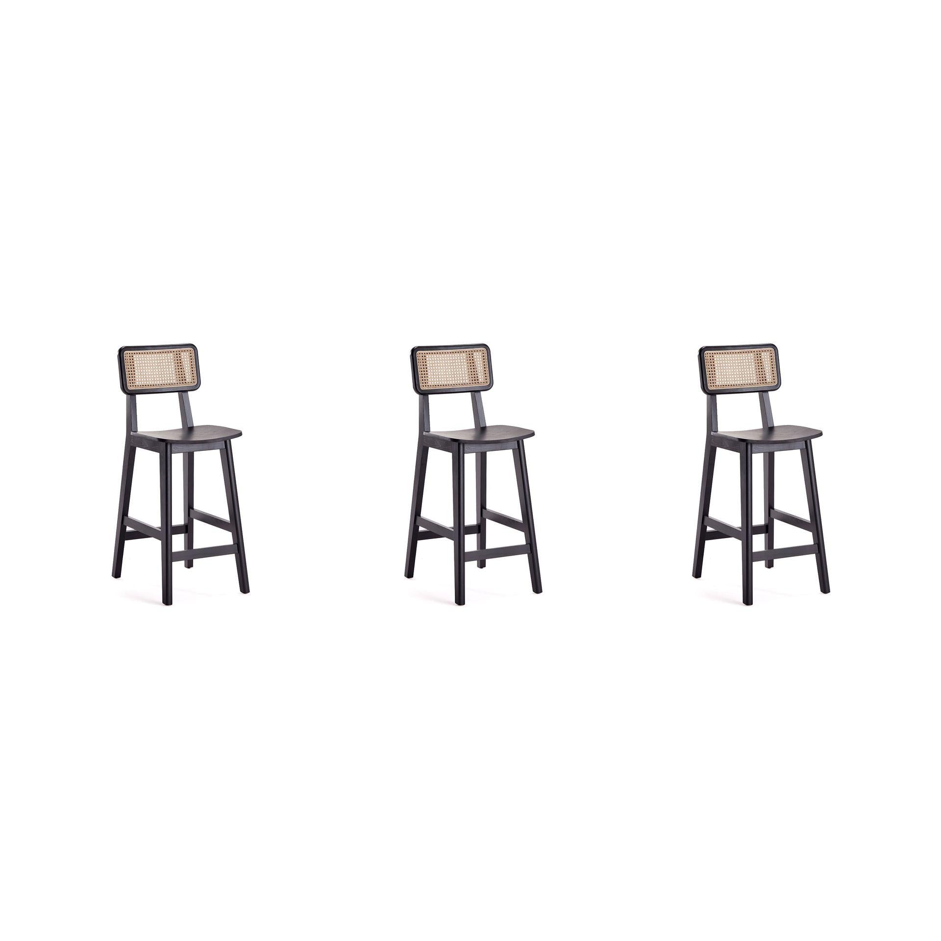Manhattan Comfort Versailles Black & Natural Cane Counter Stool In A Set Of 3
