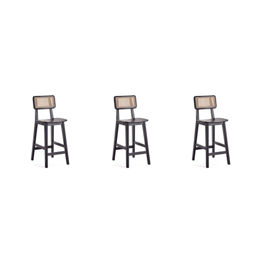 Manhattan Comfort Versailles Black & Natural Cane Counter Stool In A Set Of 3
