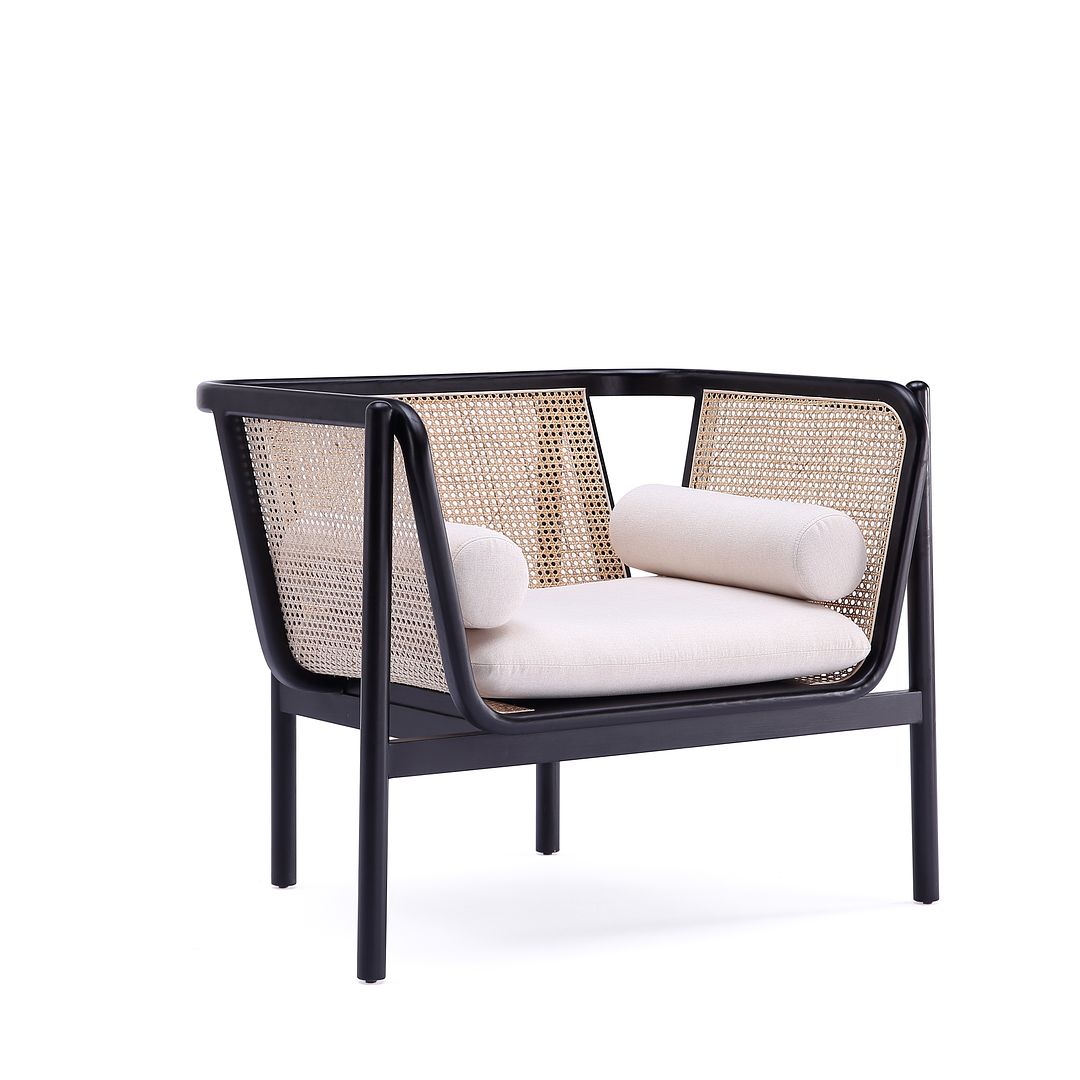 Manhattan Comfort Versailles Black, Natural Cane & Cream Accent Chair In A Set Of 2