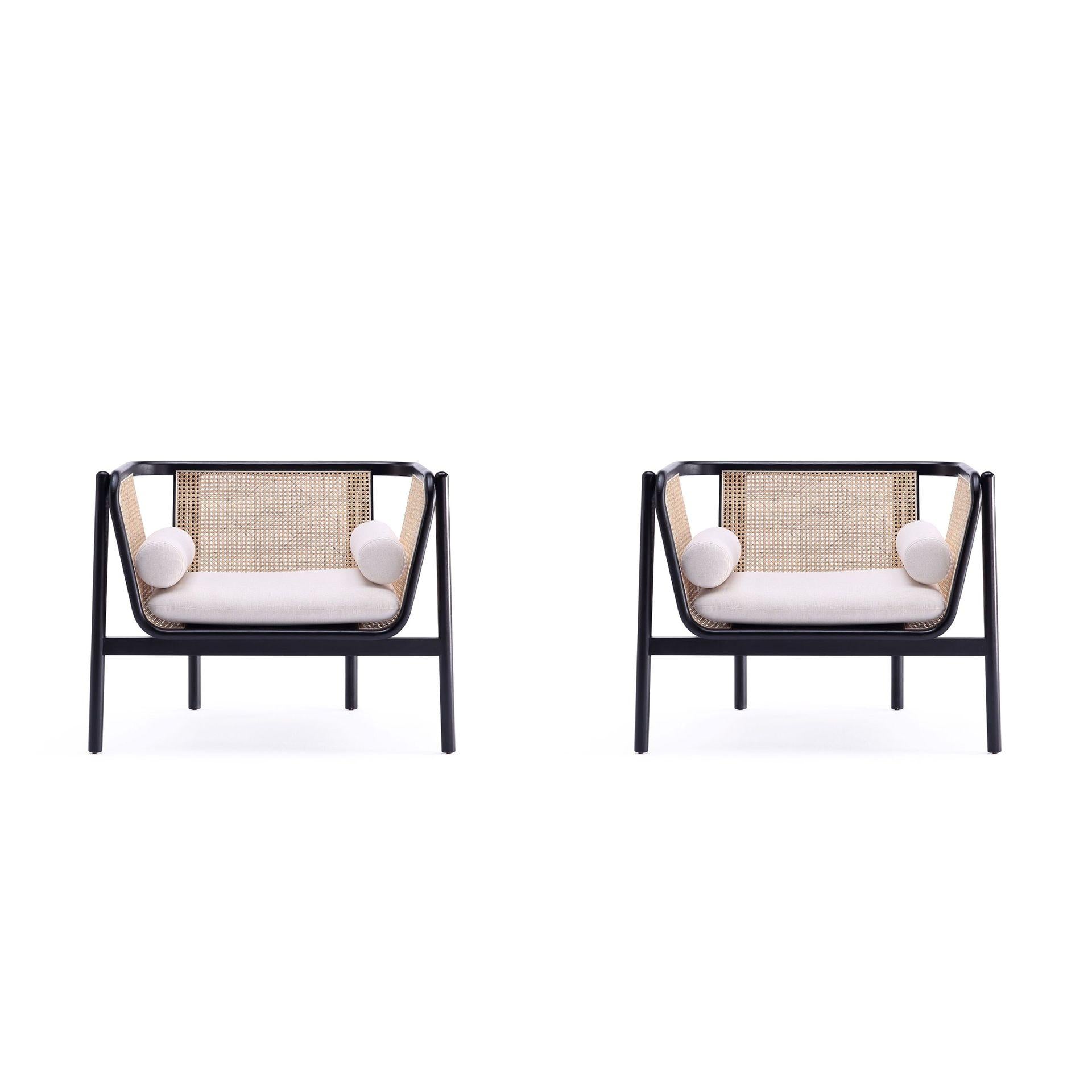 Manhattan Comfort Versailles Black, Natural Cane & Cream Accent Chair In A Set Of 2