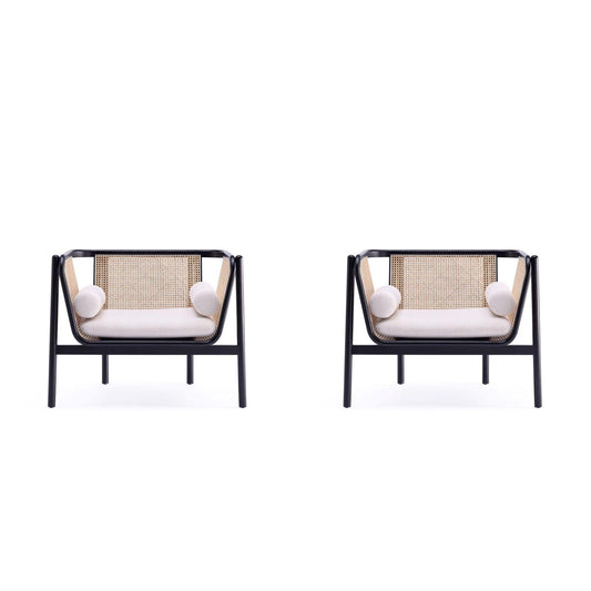 Manhattan Comfort Versailles Black, Natural Cane & Cream Accent Chair In A Set Of 2