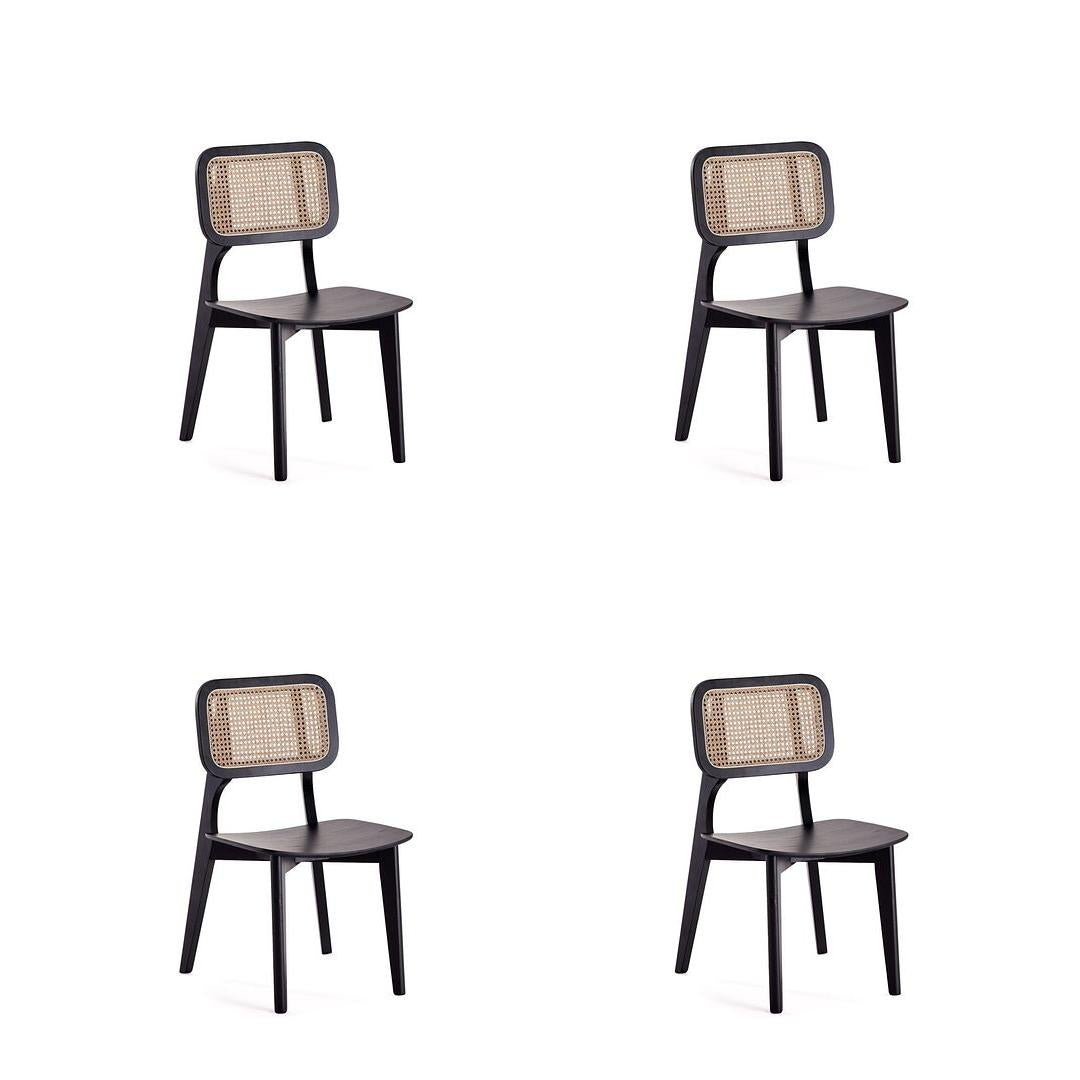 Manhattan Comfort Versailles Square Black & Natural Cane Dining Chairs In A Set Of 4