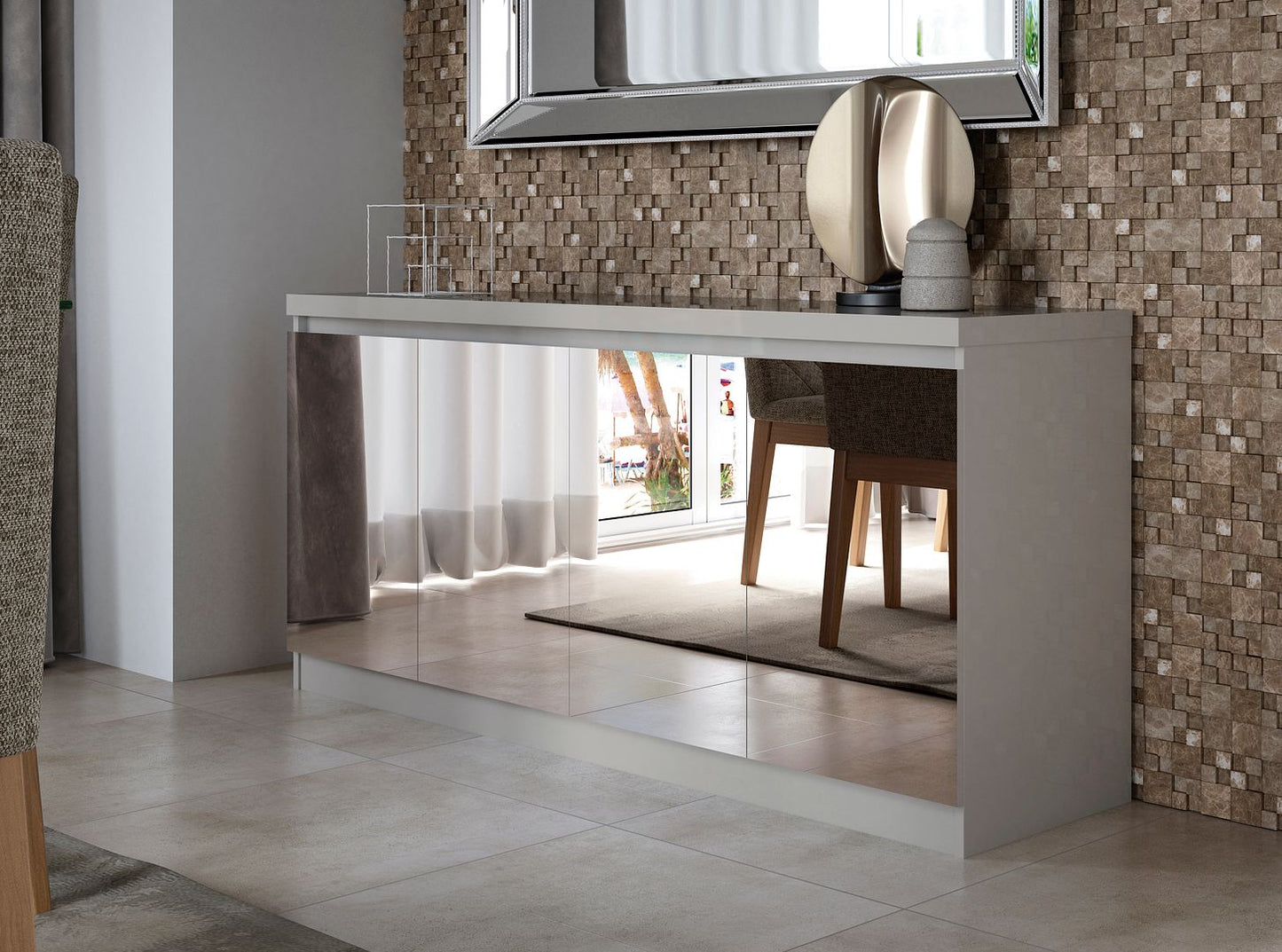 Manhattan Comfort Viennese 63" 6-Shelf Buffet Cabinet With Mirrors In Off White