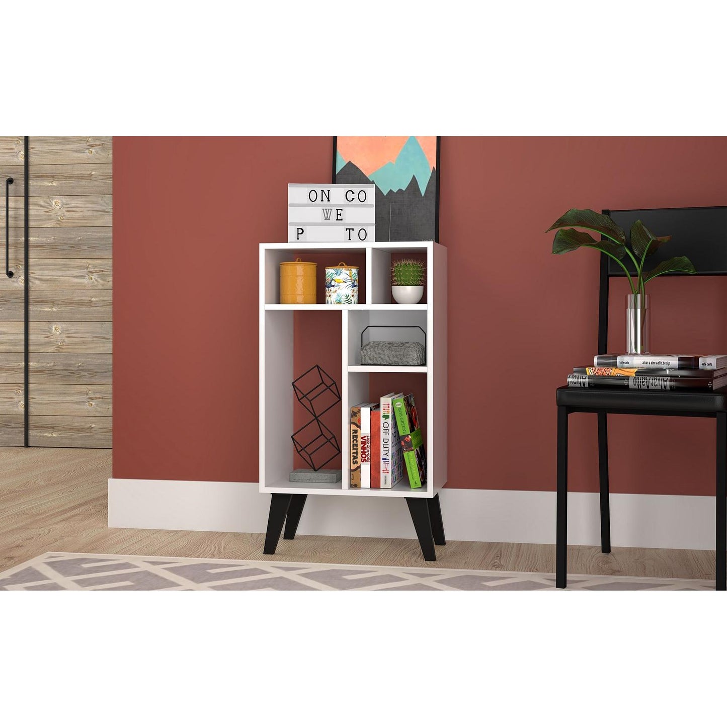 Manhattan Comfort Warren Low Bookcase Cabinet 3.0 With 5 Shelves In White & Black Feet