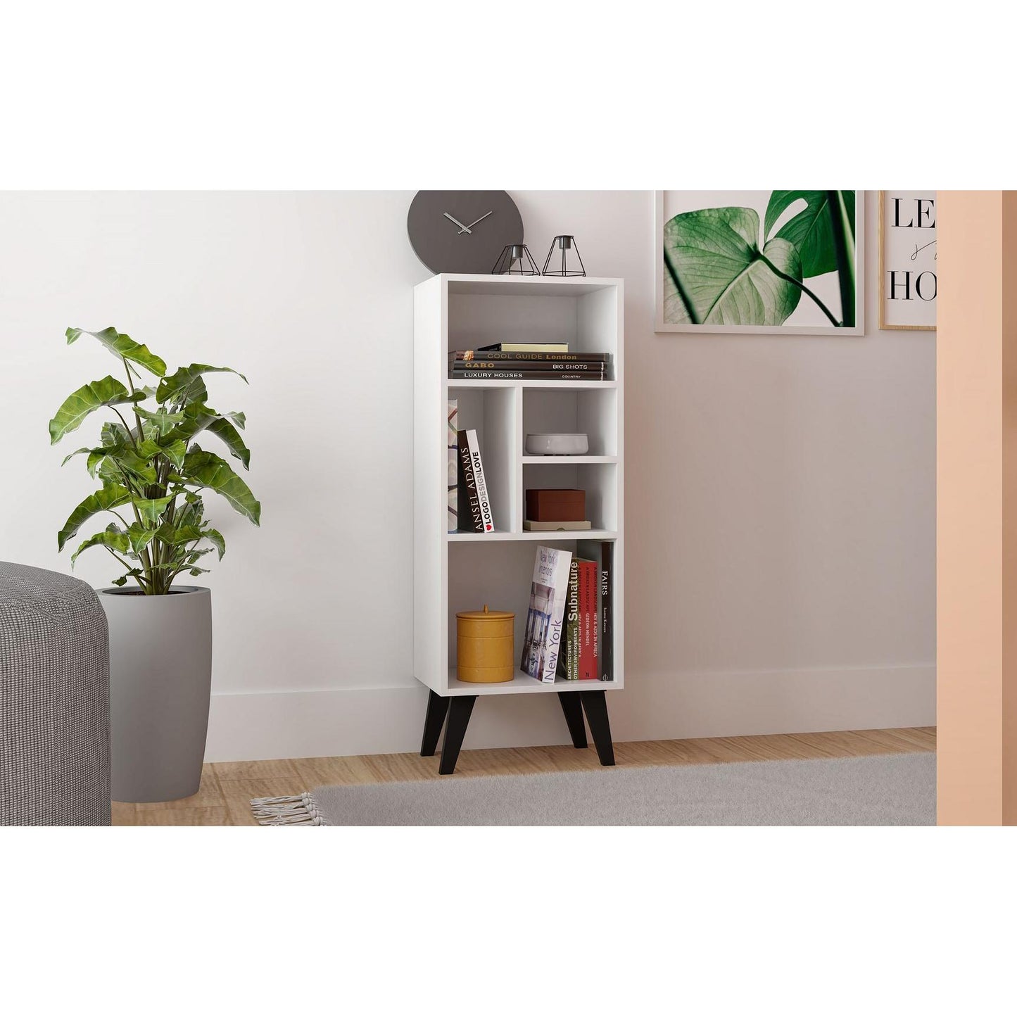 Manhattan Comfort Warren Mid-High Bookcase Cabinet 2.0 With 5 Shelves In White & Black Feet