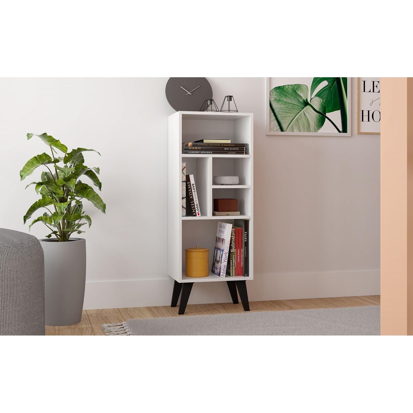 Manhattan Comfort Warren Mid-High Bookcase Cabinet 2.0 With 5 Shelves In White & Black Feet