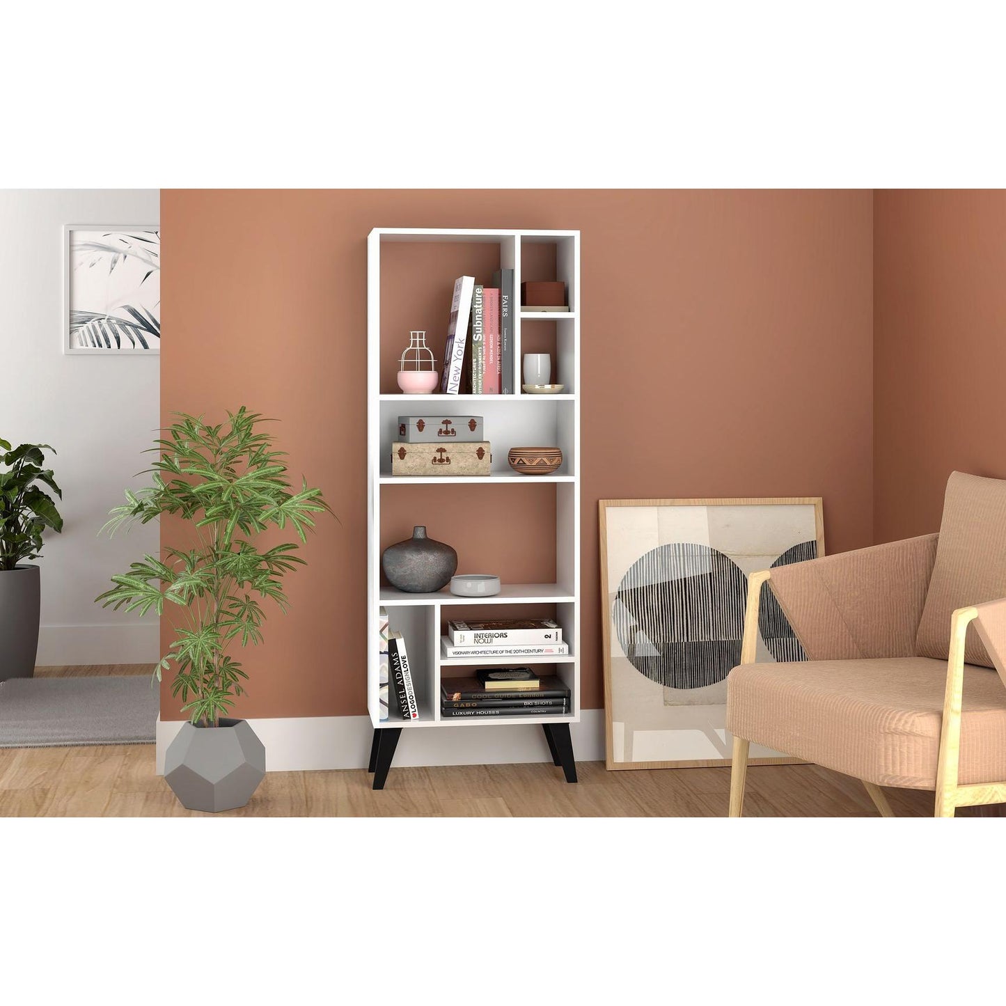 Manhattan Comfort Warren Tall Bookcase Cabinet 1.0 With 8 Shelves In White & Black Feet