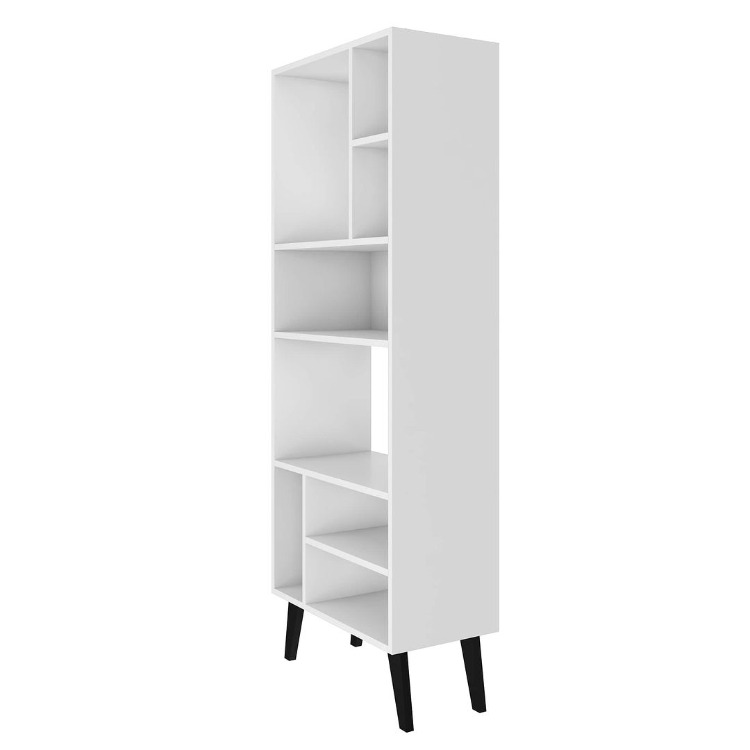 Manhattan Comfort Warren Tall Bookcase Cabinet 1.0 With 8 Shelves In White & Black Feet