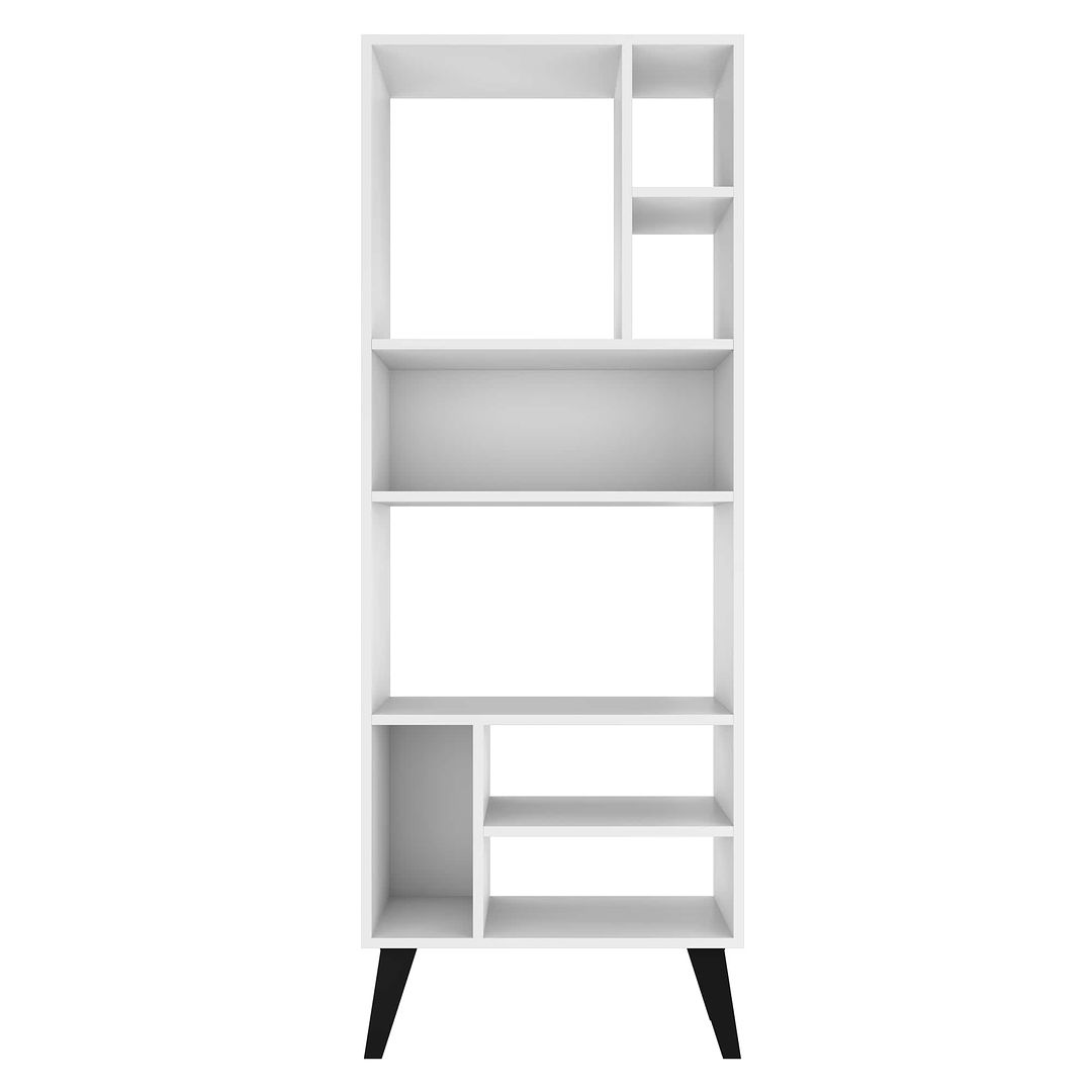 Manhattan Comfort Warren Tall Bookcase Cabinet 1.0 With 8 Shelves In White & Black Feet