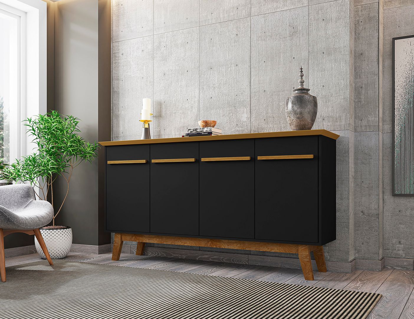 Manhattan Comfort Yonkers 63" Black & Cinnamon Sideboard
