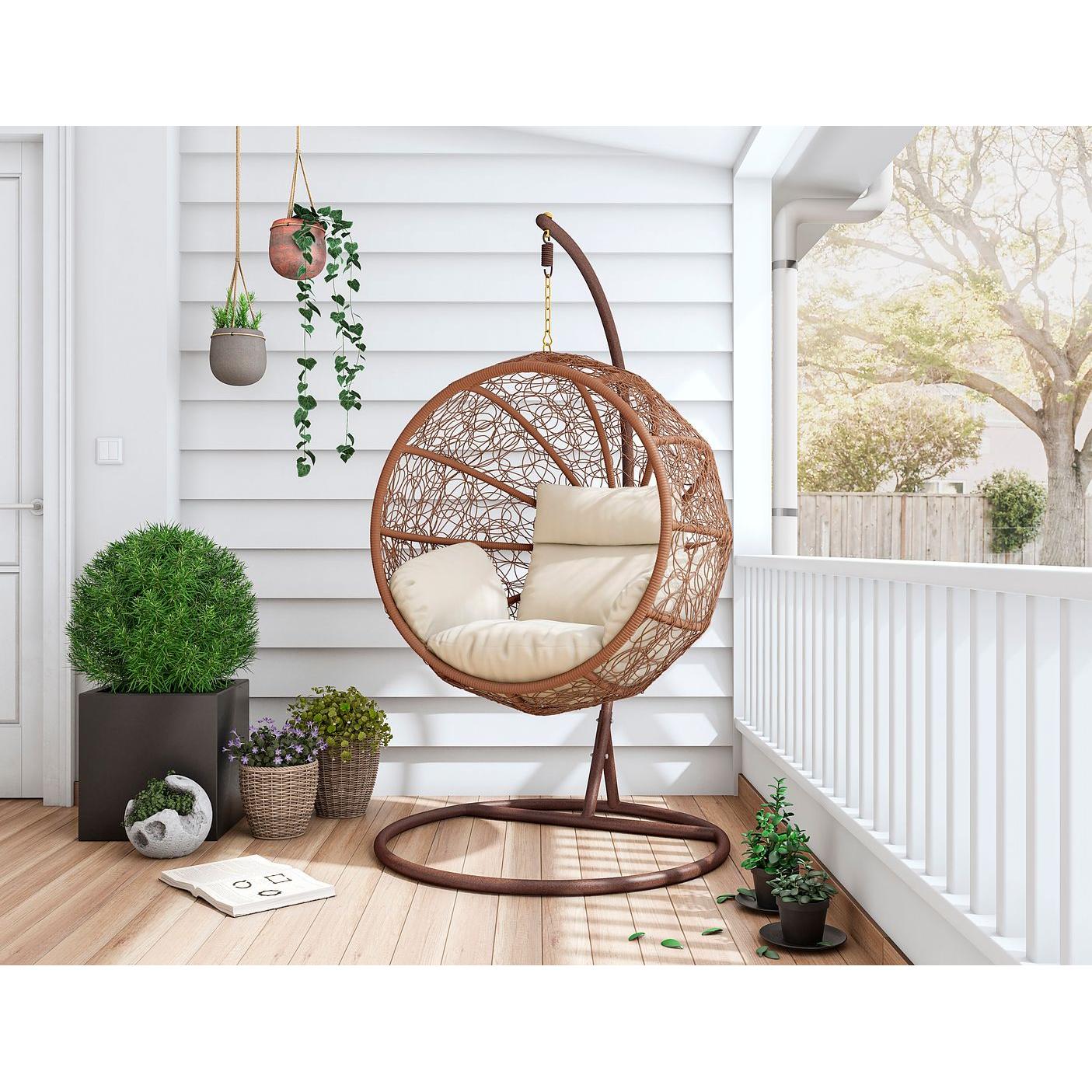 Manhattan Comfort Zolo Metal & Rattan Hanging Lounge Egg Patio Swing With Cream Cushion