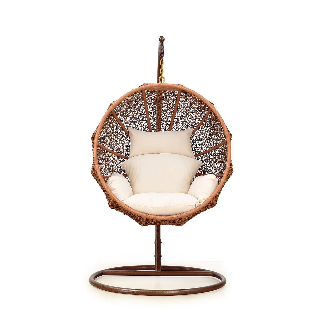 Manhattan Comfort Zolo Metal & Rattan Hanging Lounge Egg Patio Swing With Cream Cushion