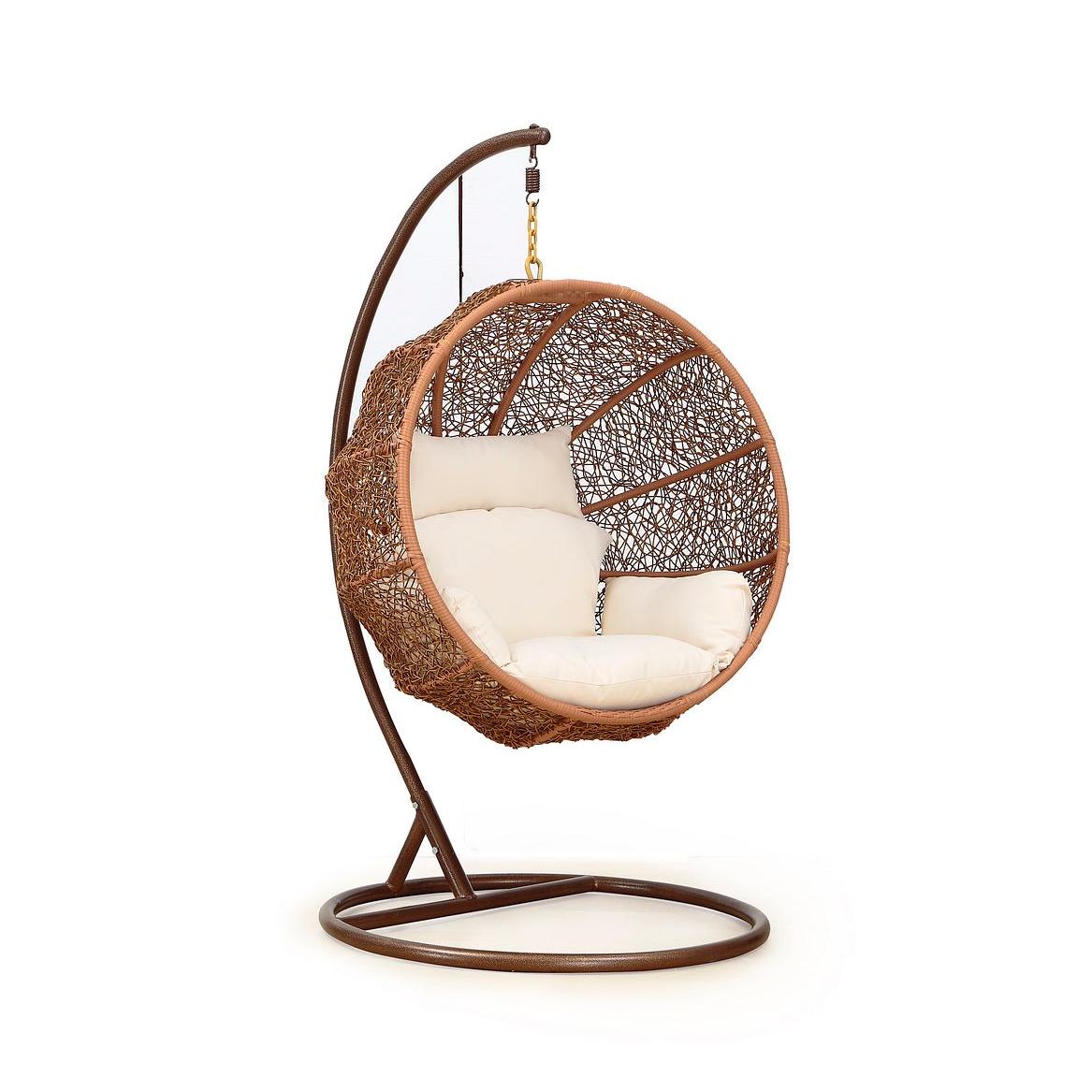 Manhattan Comfort Zolo Metal & Rattan Hanging Lounge Egg Patio Swing With Cream Cushion