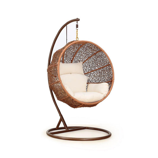 Manhattan Comfort Zolo Metal & Rattan Hanging Lounge Egg Patio Swing With Cream Cushion