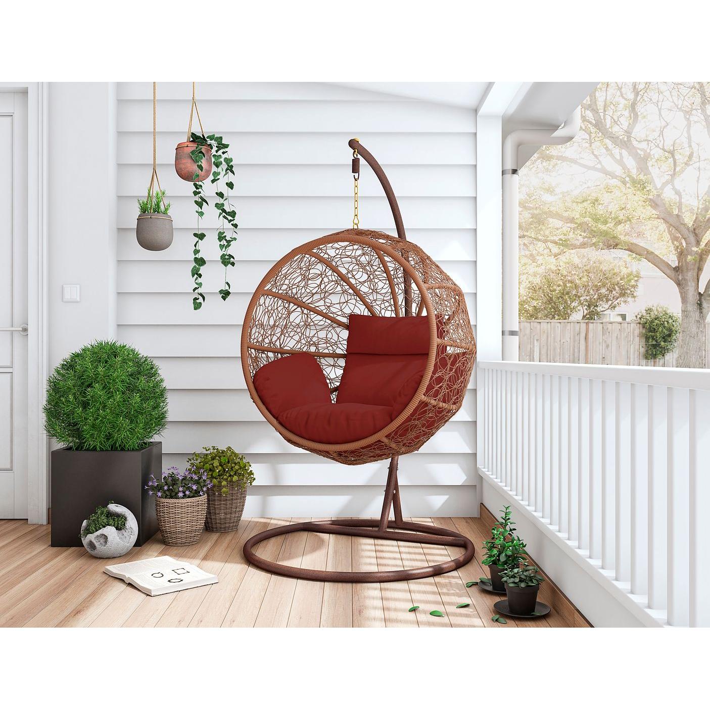 Manhattan Comfort Zolo Metal & Rattan Hanging Lounge Egg Patio Swing With Red Cushion
