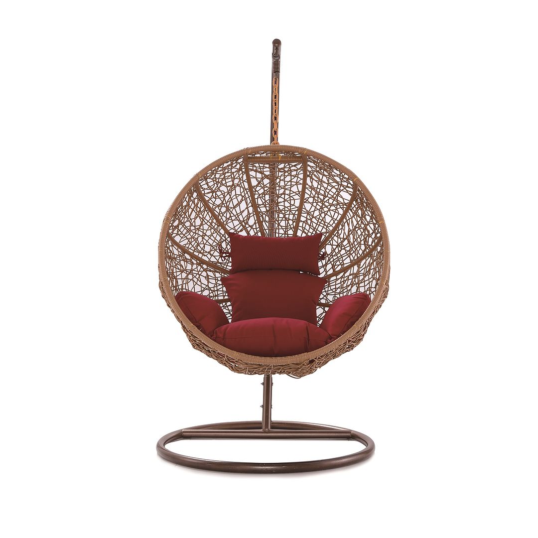 Manhattan Comfort Zolo Metal & Rattan Hanging Lounge Egg Patio Swing With Red Cushion