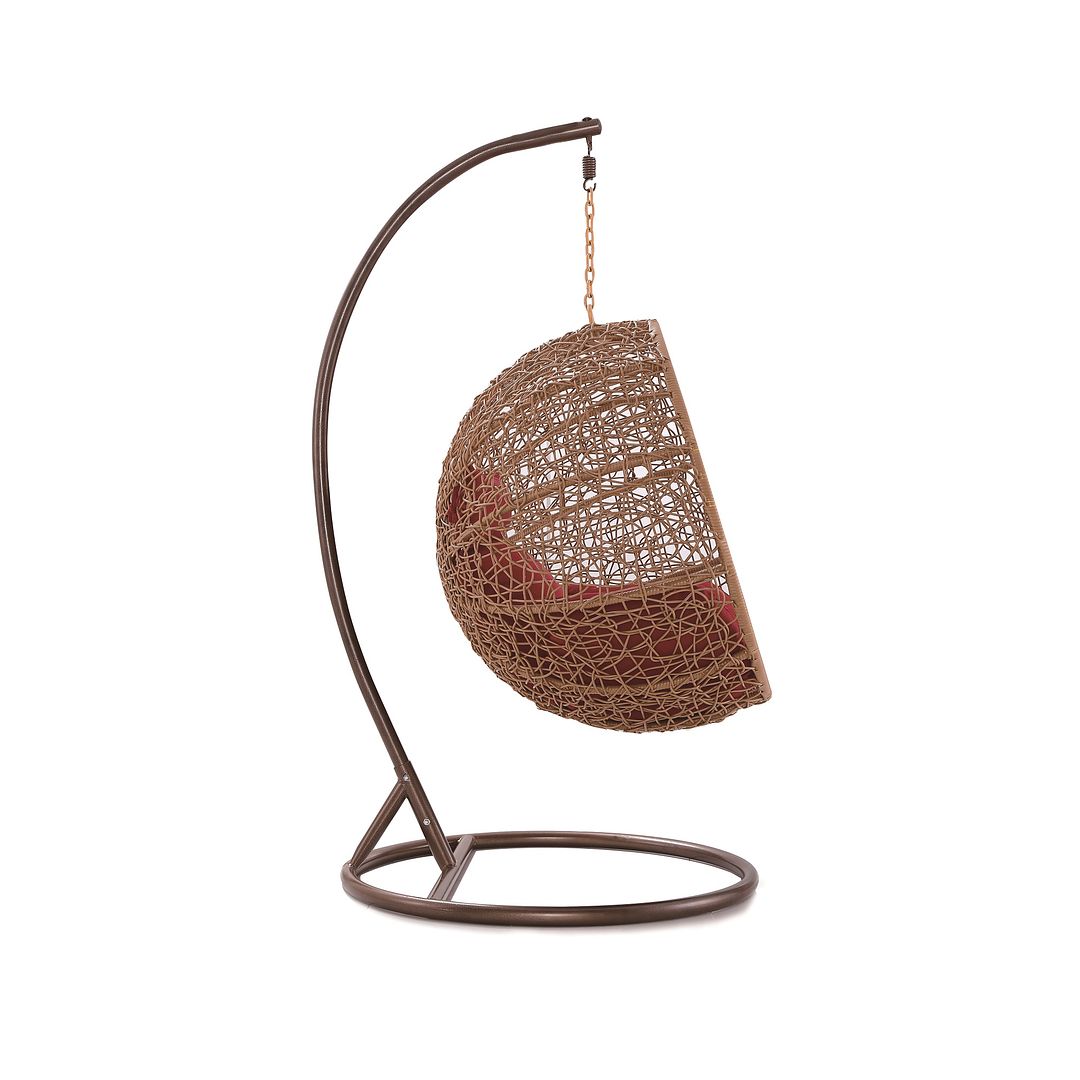 Manhattan Comfort Zolo Metal & Rattan Hanging Lounge Egg Patio Swing With Red Cushion