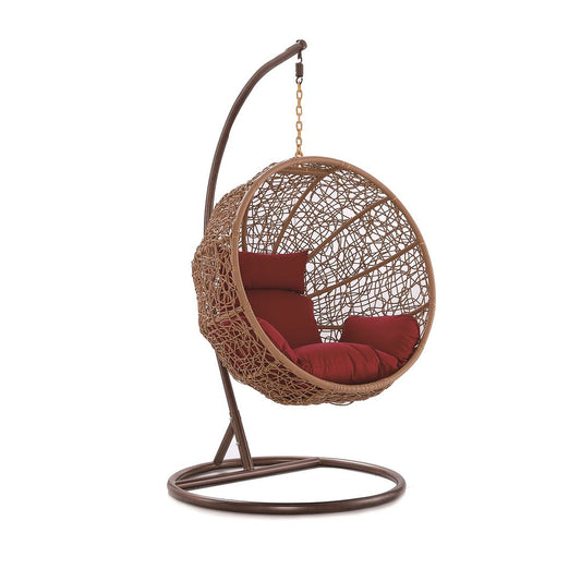 Manhattan Comfort Zolo Metal & Rattan Hanging Lounge Egg Patio Swing With Red Cushion
