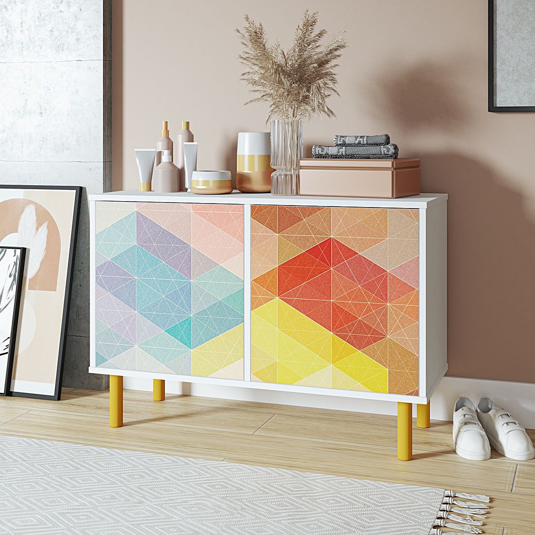 Manhattan Modern Retro Accent Cabinet With 4 Shelves In White & Multi Color Red, Yellow, Blue Print
