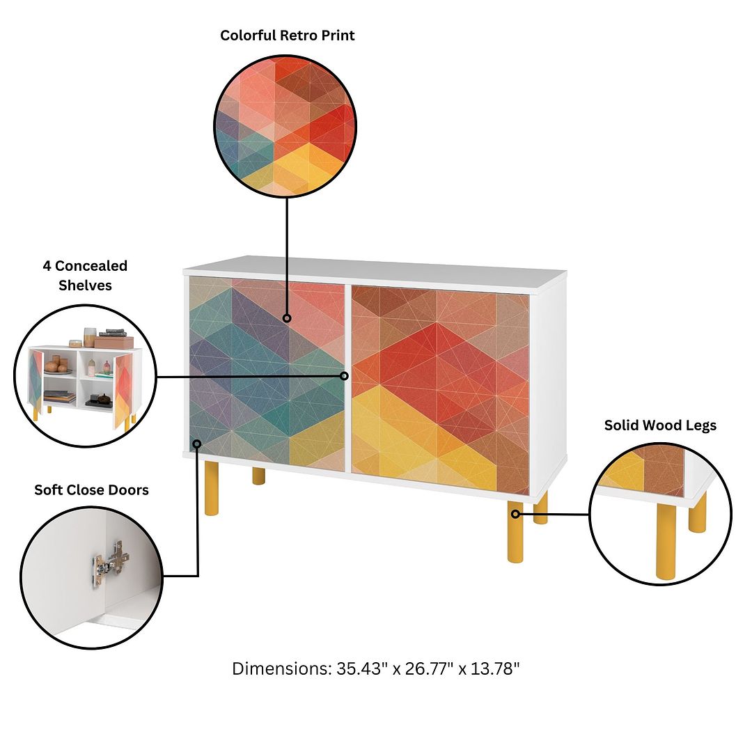 Manhattan Modern Retro Accent Cabinet With 4 Shelves In White & Multi Color Red, Yellow, Blue Print
