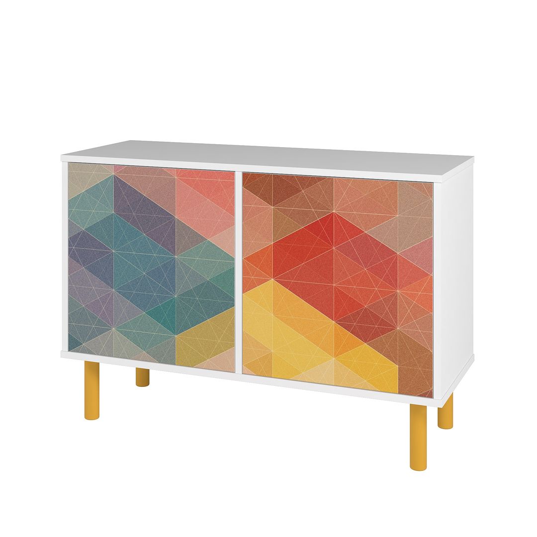 Manhattan Modern Retro Accent Cabinet With 4 Shelves In White & Multi Color Red, Yellow, Blue Print