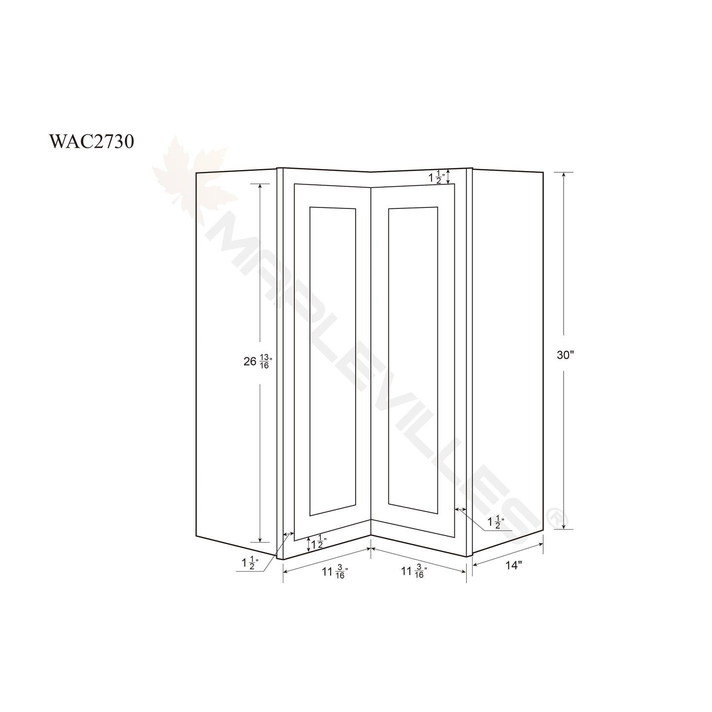 Maplevilles Cabinetry 27" x 30" & 14" Deep Light Gray Inset Modern Shaker Style RTA Birch Wood Wall Angle Storage Cabinet With 1 Door & 2 Shelf Boards