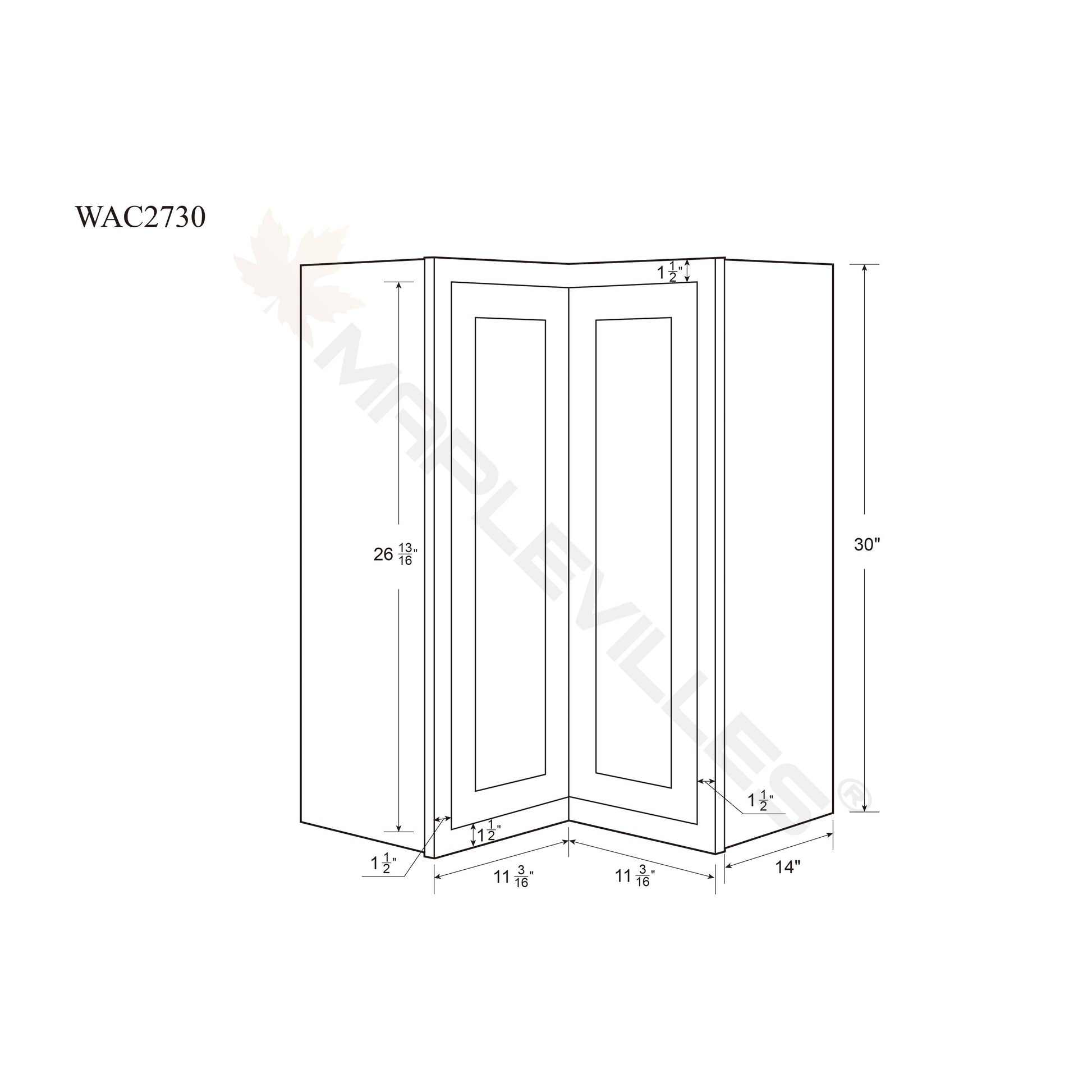 Maplevilles Cabinetry 27" x 30" & 14" Deep Light Gray Inset Modern Shaker Style RTA Birch Wood Wall Angle Storage Cabinet With 1 Door & 2 Shelf Boards