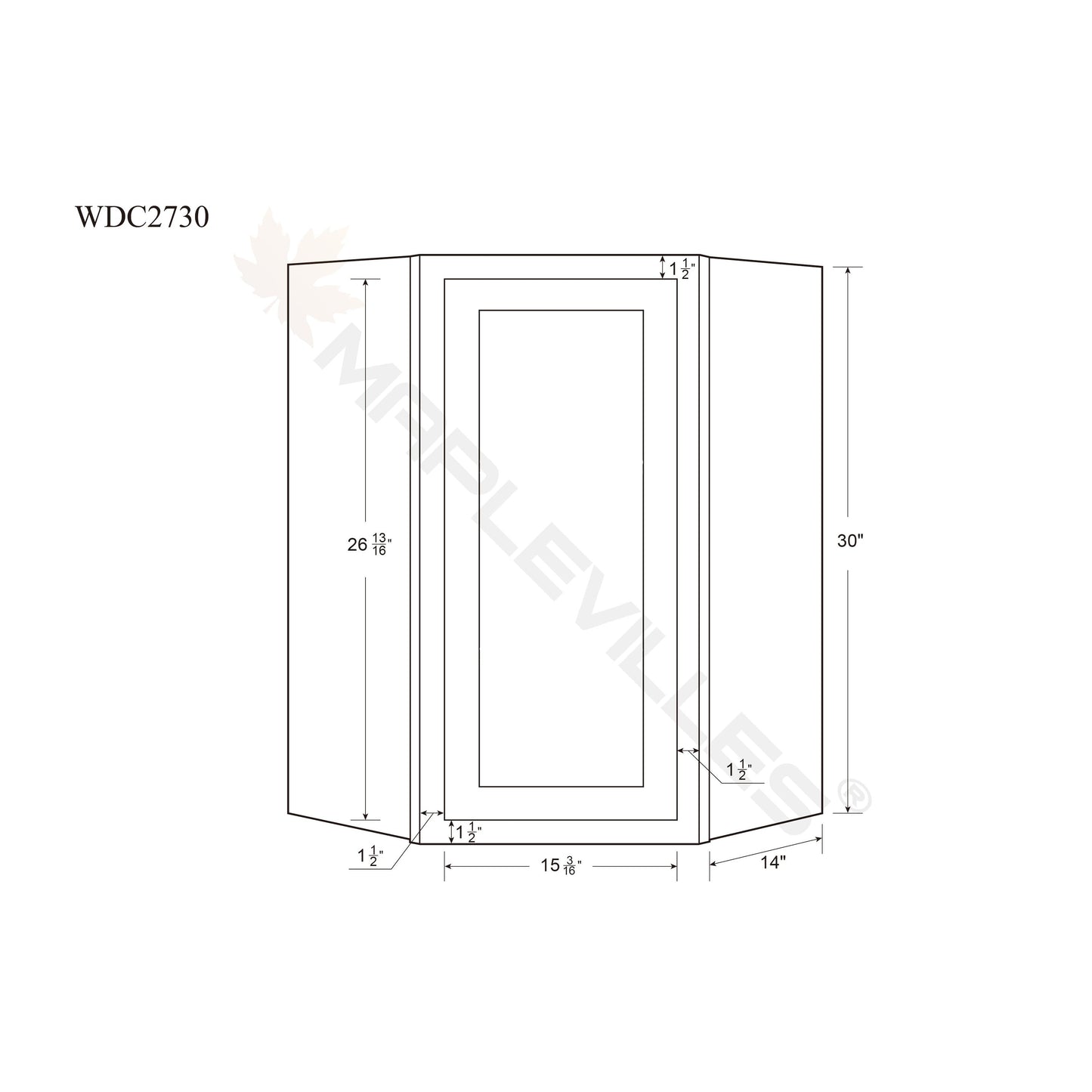 Maplevilles Cabinetry 27" x 30" & 14" Deep Snow White Inset Modern Shaker Style RTA Birch Wood Wall Diagonal Corner Storage Cabinet With 1 Solid Door & 2 Shelf Boards