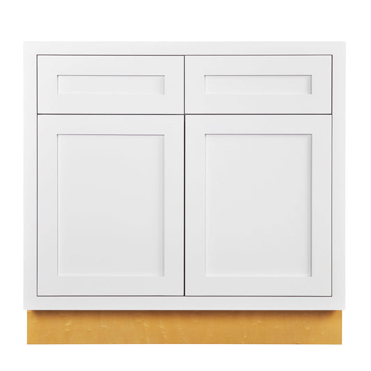 Maplevilles Cabinetry 36" Snow White Inset Modern Shaker Style RTA Birch Wood Storage Base Kitchen Cabinet With 2 Doors & 2 Drawers