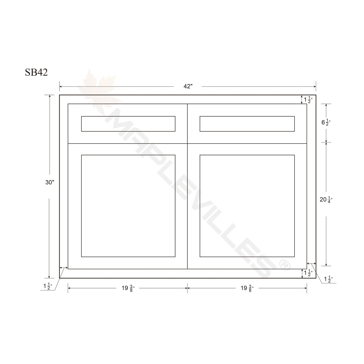 Maplevilles Cabinetry 42" Snow White Inset Modern Shaker Style RTA Birch Wood Storage Sink Base Kitchen Cabinet With Top Sink Opening & 2 Doors