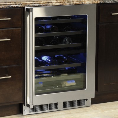Marvel 24" Dual Zone Wine Refrigerator With Stainless Steel, Glass Door, Lock, and Reversible Door