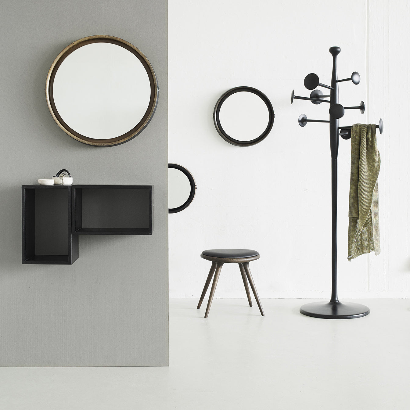 Mater 19" Low Stool, Dark-Stained Solid FSC-Certified Beech With Black Leather Seat by Space Copenhagen