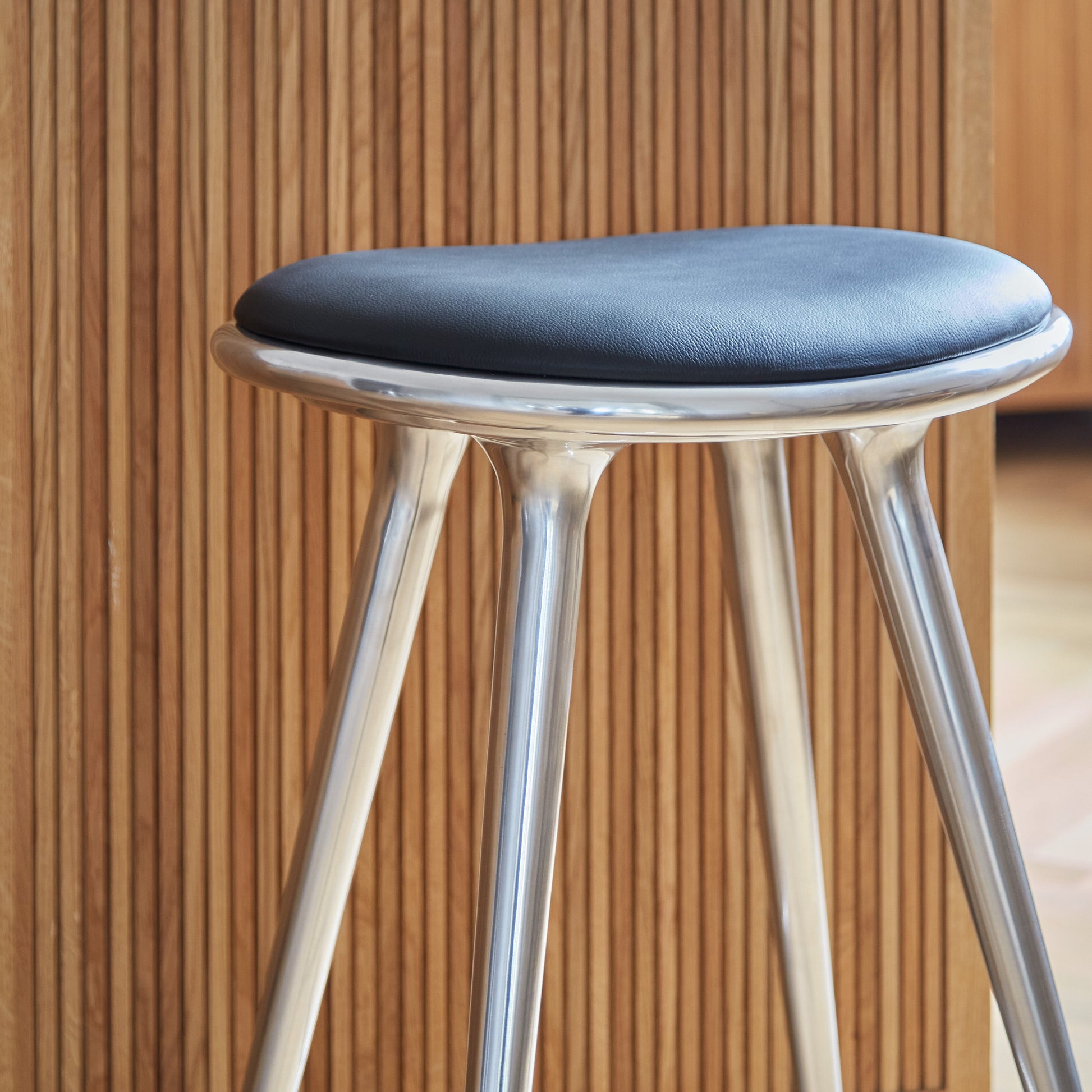Mater 19" Low Stool, Partly Recycled Aluminum With Black Leather Seat by Space Copenhagen