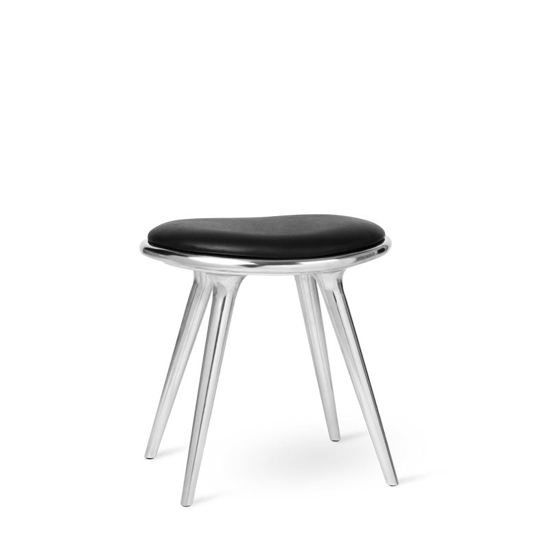 Mater 19" Low Stool, Partly Recycled Aluminum With Black Leather Seat by Space Copenhagen