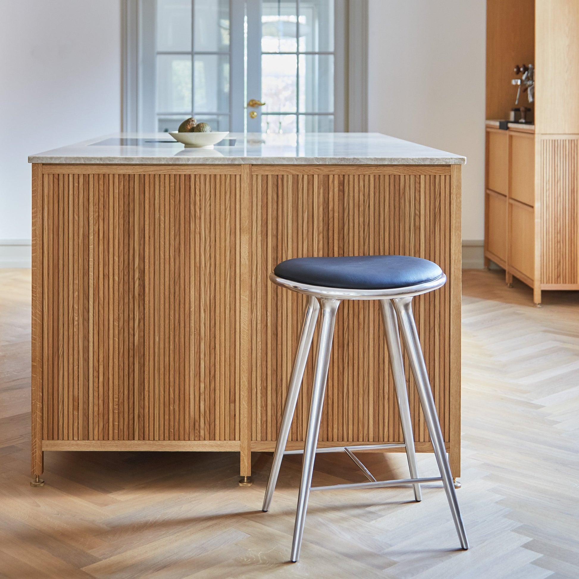 Mater 27" High Stool, Partly Recycled Aluminum With Black Leather Seat by Space Copenhagen