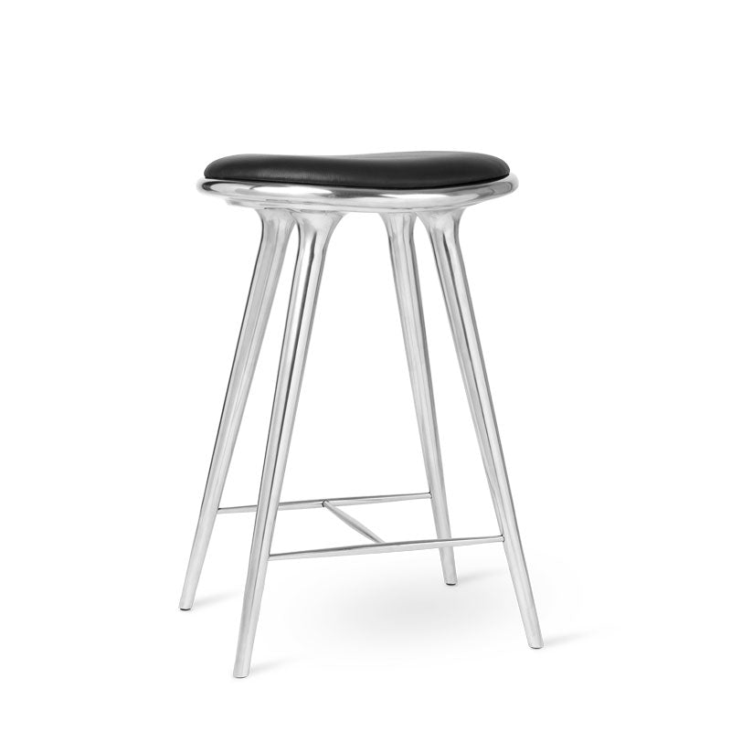 Mater 27" High Stool, Partly Recycled Aluminum With Black Leather Seat by Space Copenhagen