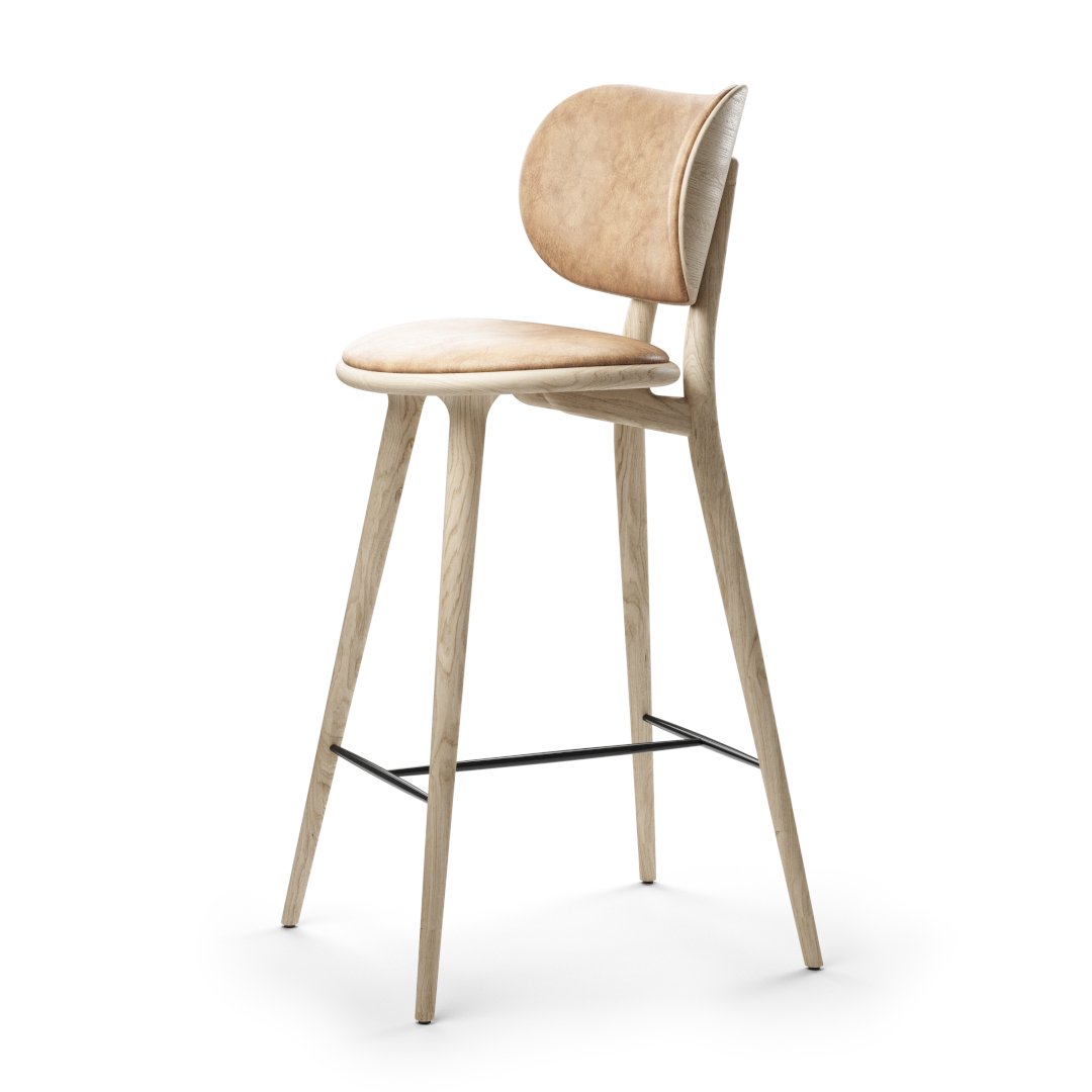 Mater 27" High Stool With Backrest, Natural Matt Lacquered Solid FSC-Certified Oak With Natural Tanned Leather Seat by Space Copenhagen