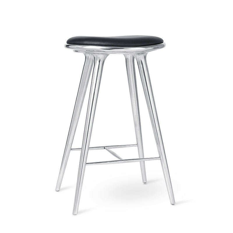 Mater 29" High Stool, Partly Recycled Aluminum With Black Leather Seat by Space Copenhagen