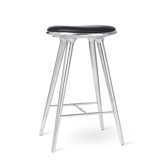 Mater 29" High Stool, Partly Recycled Aluminum With Black Leather Seat by Space Copenhagen