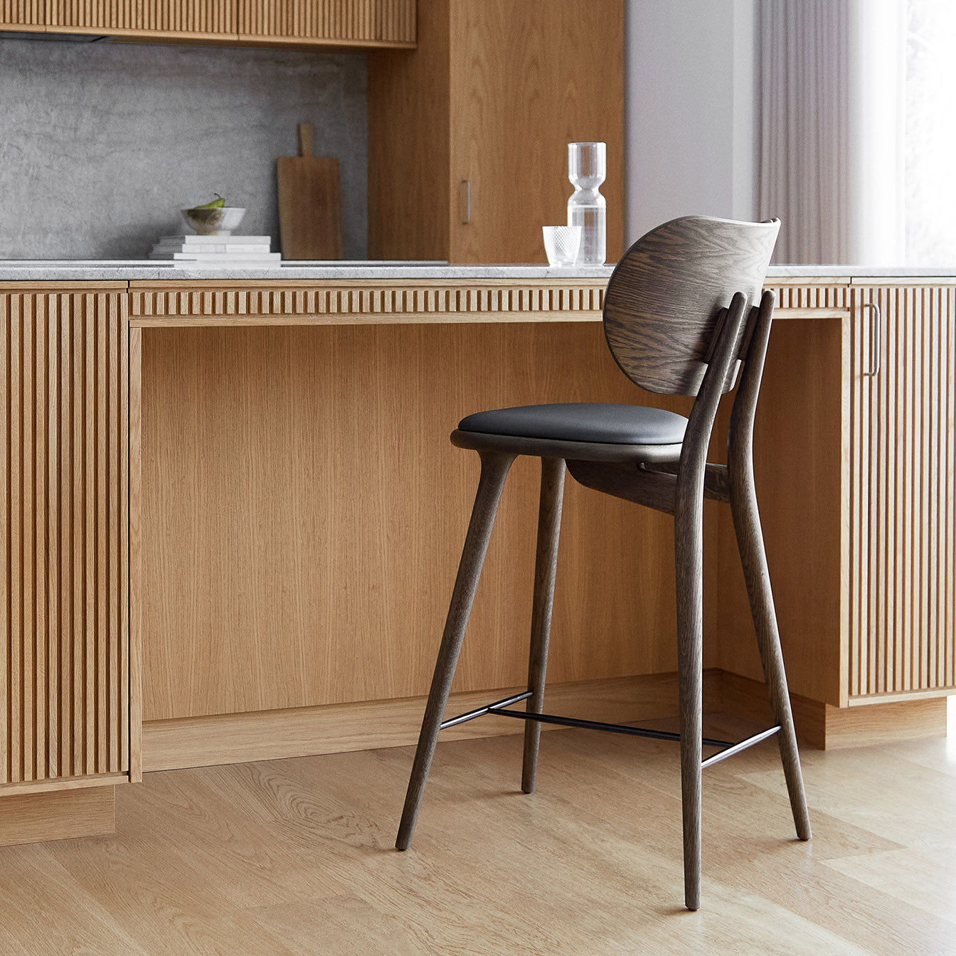 Mater 29" High Stool With Backrest, Sirka Gray-Stained Solid FSC-Certified Oak With Black Leather Seat by Space Copenhagen