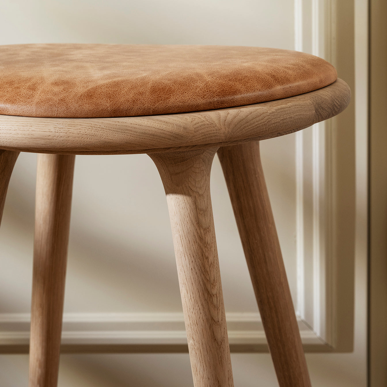 Mater 29" Natural Soaped Solid FSC Certified Oak High Stool With Natural Tanned Leather Seat by Space Copenhagen