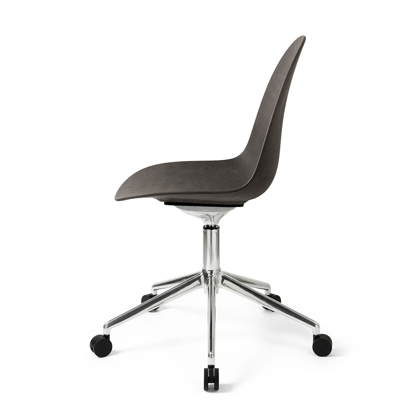 Mater Eternity Swivel Chair With Polished Base and Castors, Coffee Waste Black Seat by Space Copenhagen, Made From Post-Consumer E-Waste & Coffee Shell Waste