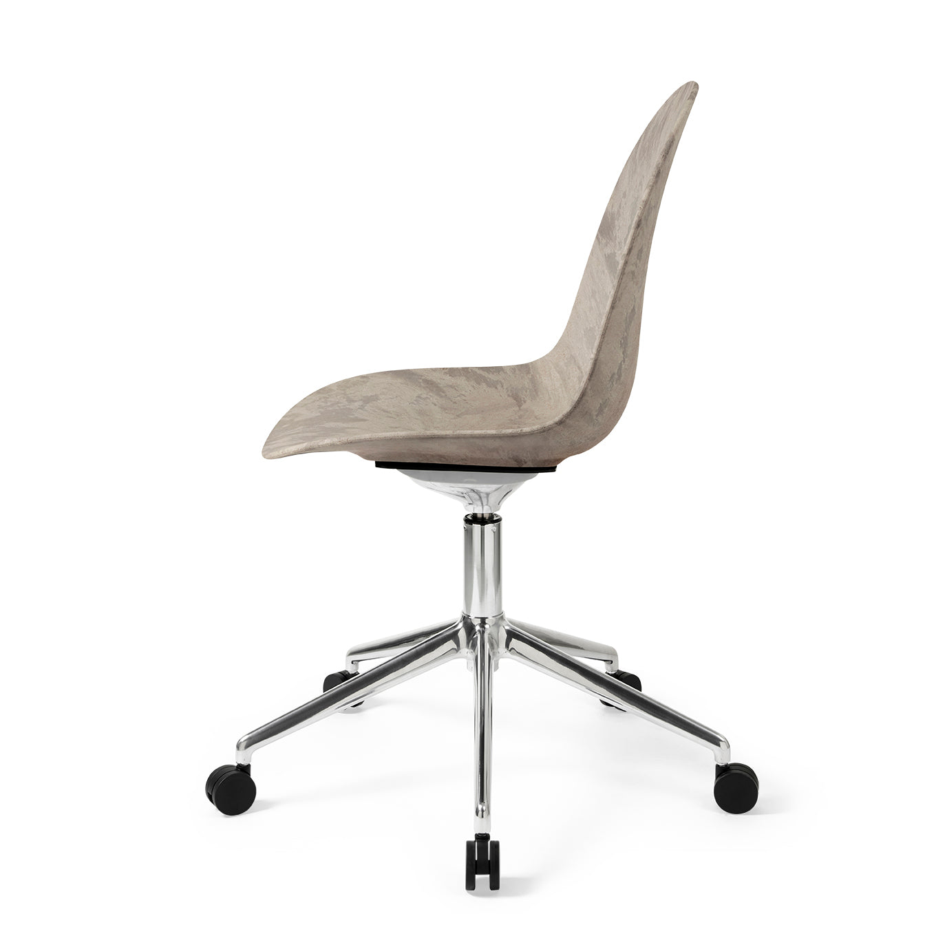 Mater Eternity Swivel Chair With Polished Base and Castors, Wood Waste Gray Seat by Space Copenhagen, Made From Post-Consumer E-Waste & Coffee Shell Waste