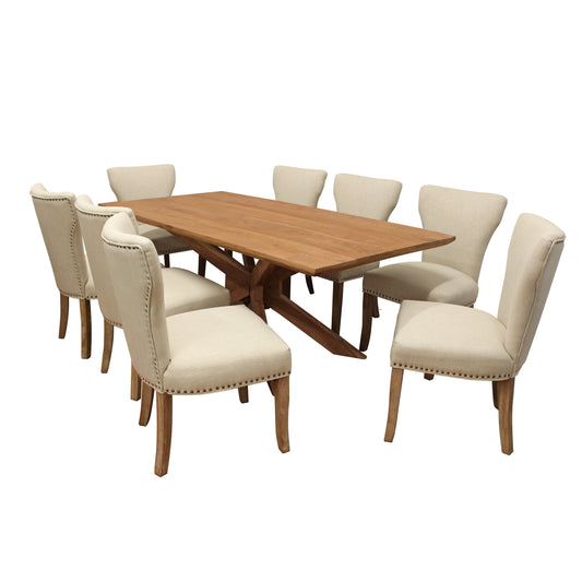 Meva Bradley 9-Piece Dining Set With 79" Rectangle Solid Acacia Wood Dining Table and 4 Sets of Howell Ivory Chairs with Natural Legs